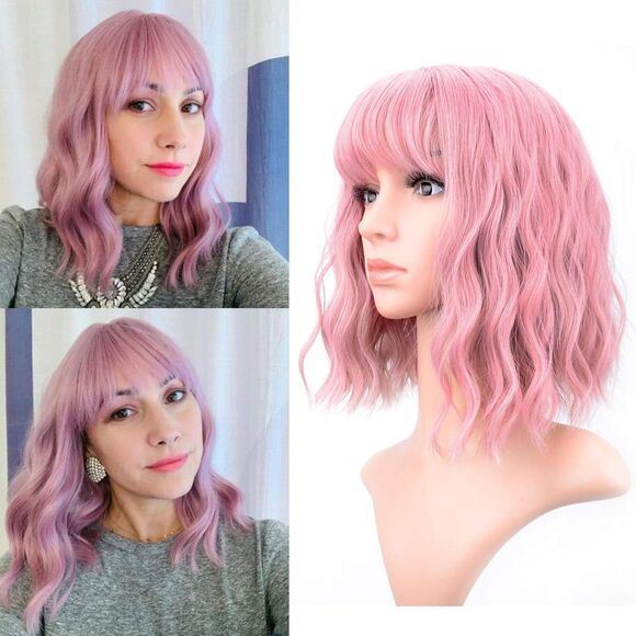 Pastel Wavy Wig With Bangs Short Bob Purple Pink Curly Wavy Shoulder Length